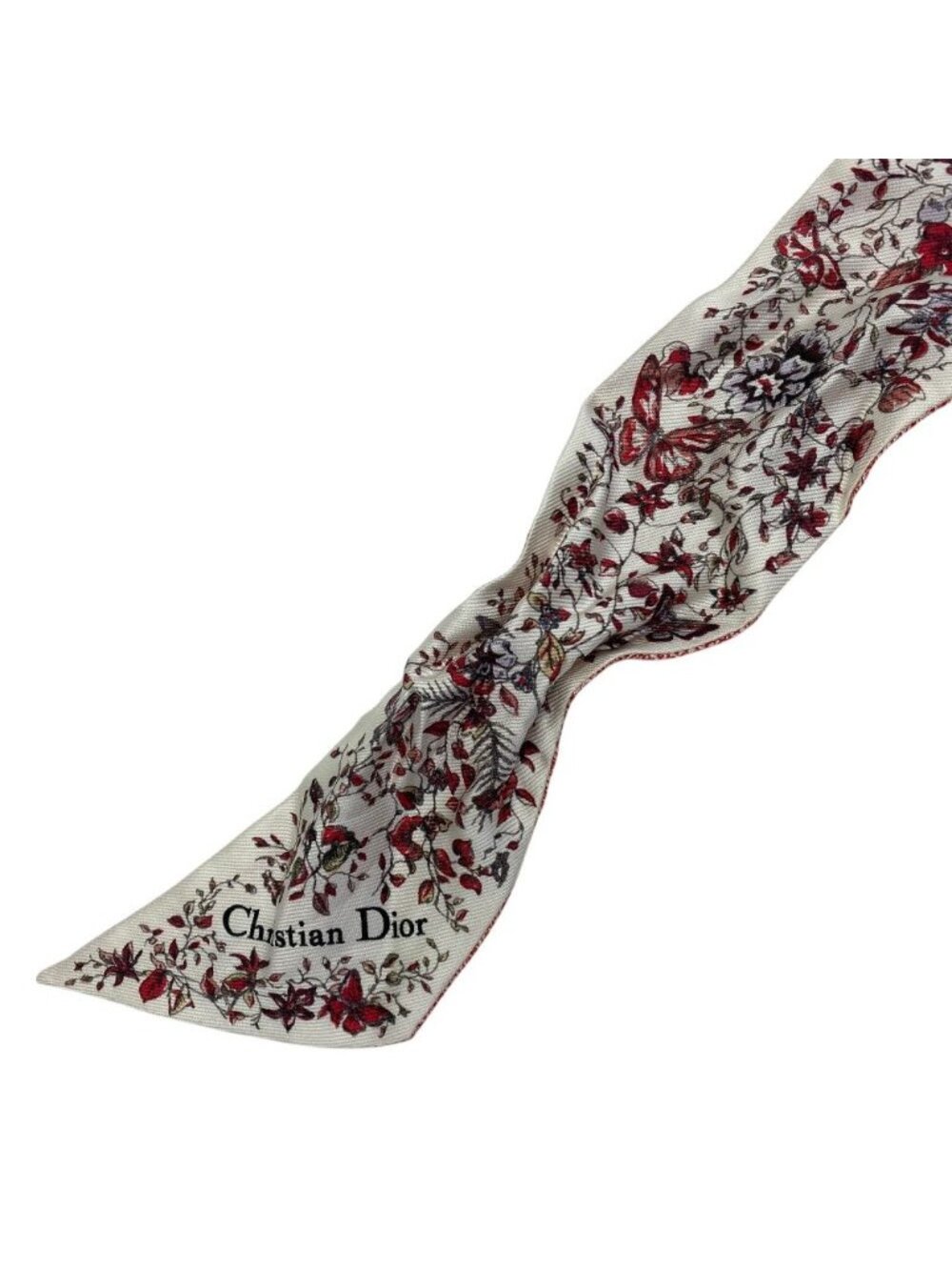 Dior Mitzah Scarf Ribbon Silk Twill Floral Pattern Flower Red White Multicolor - Picture 6 of 9